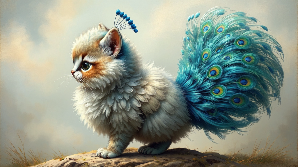 Cute peacock-cat hybrid in
