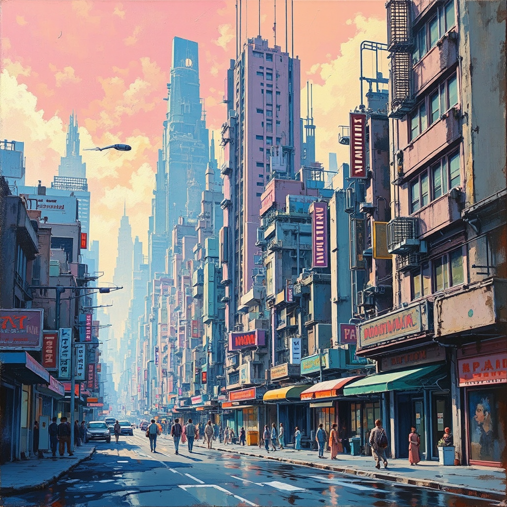 Pastel-colored futuristic city with