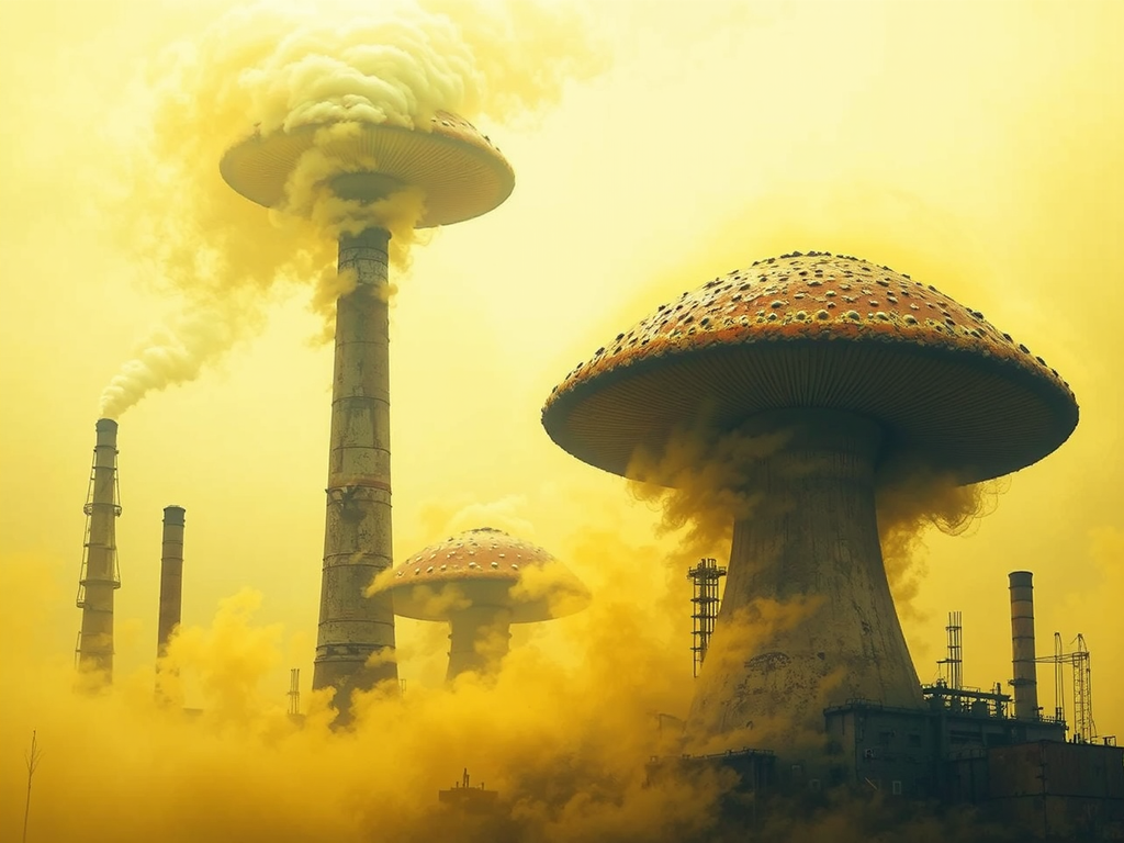 Industrial factory with mushroom-shaped