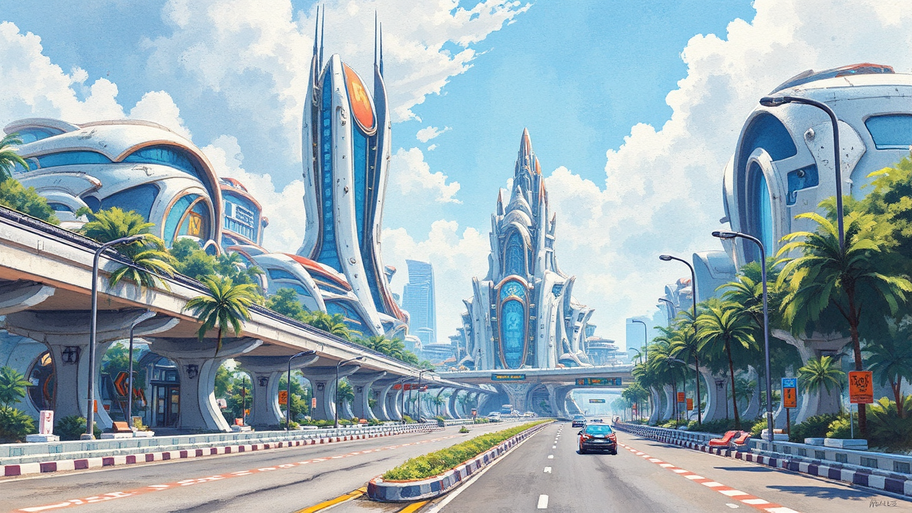 Indonesian cityscape with stylized