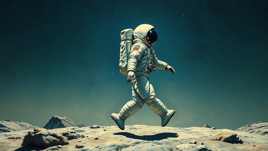 Astronaut walking backwards on