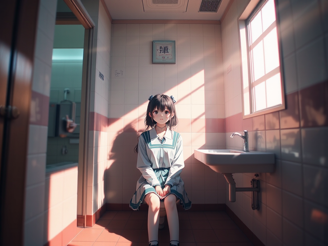 Girl in school bathroom