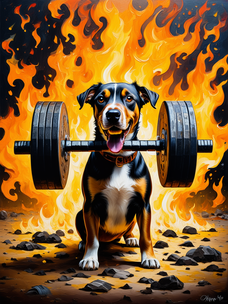 A dog lifting weights