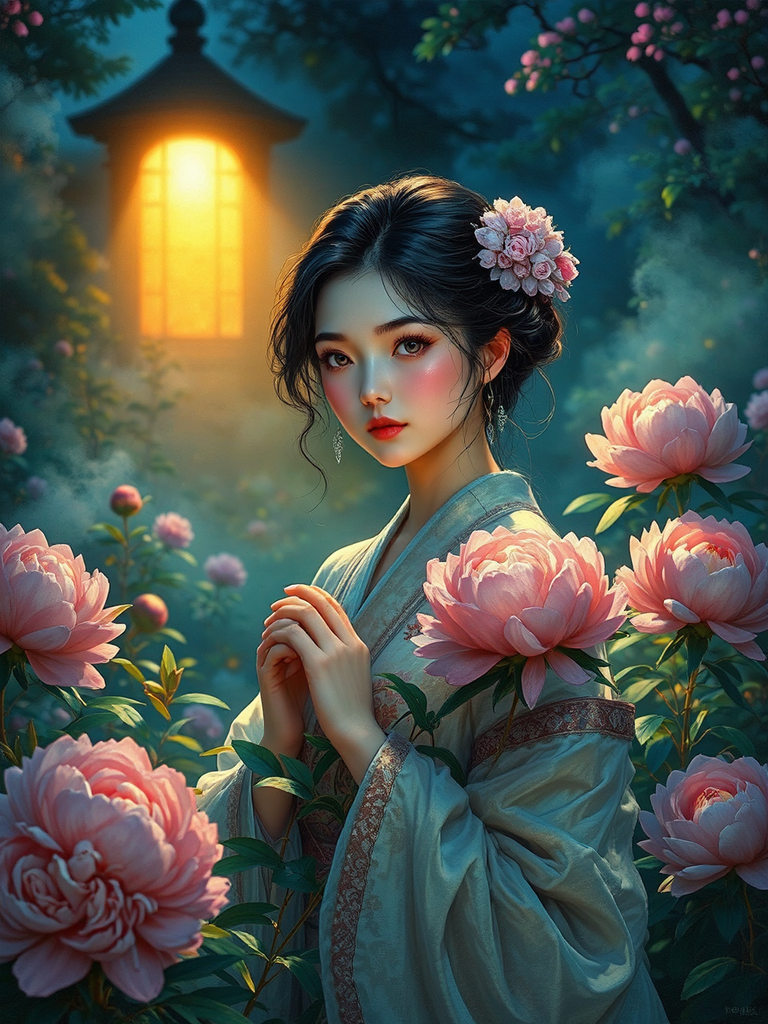 Woman cares for peonies