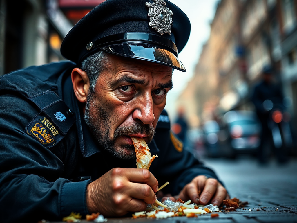 Fattish police officer eating