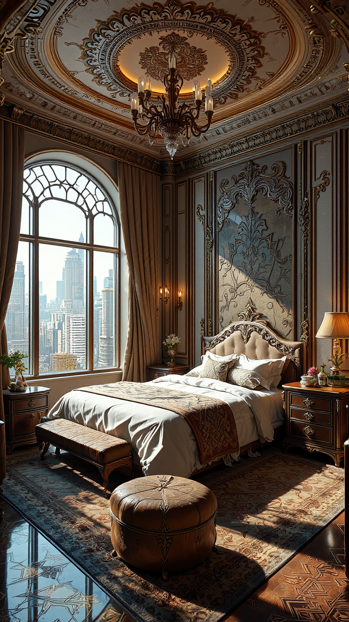 1920s hotel bedroom interior.