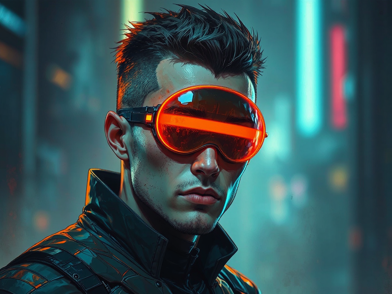 Cyborg with orange visor