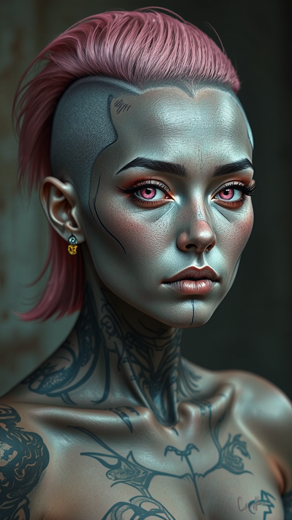 Middle-aged woman with tattoos