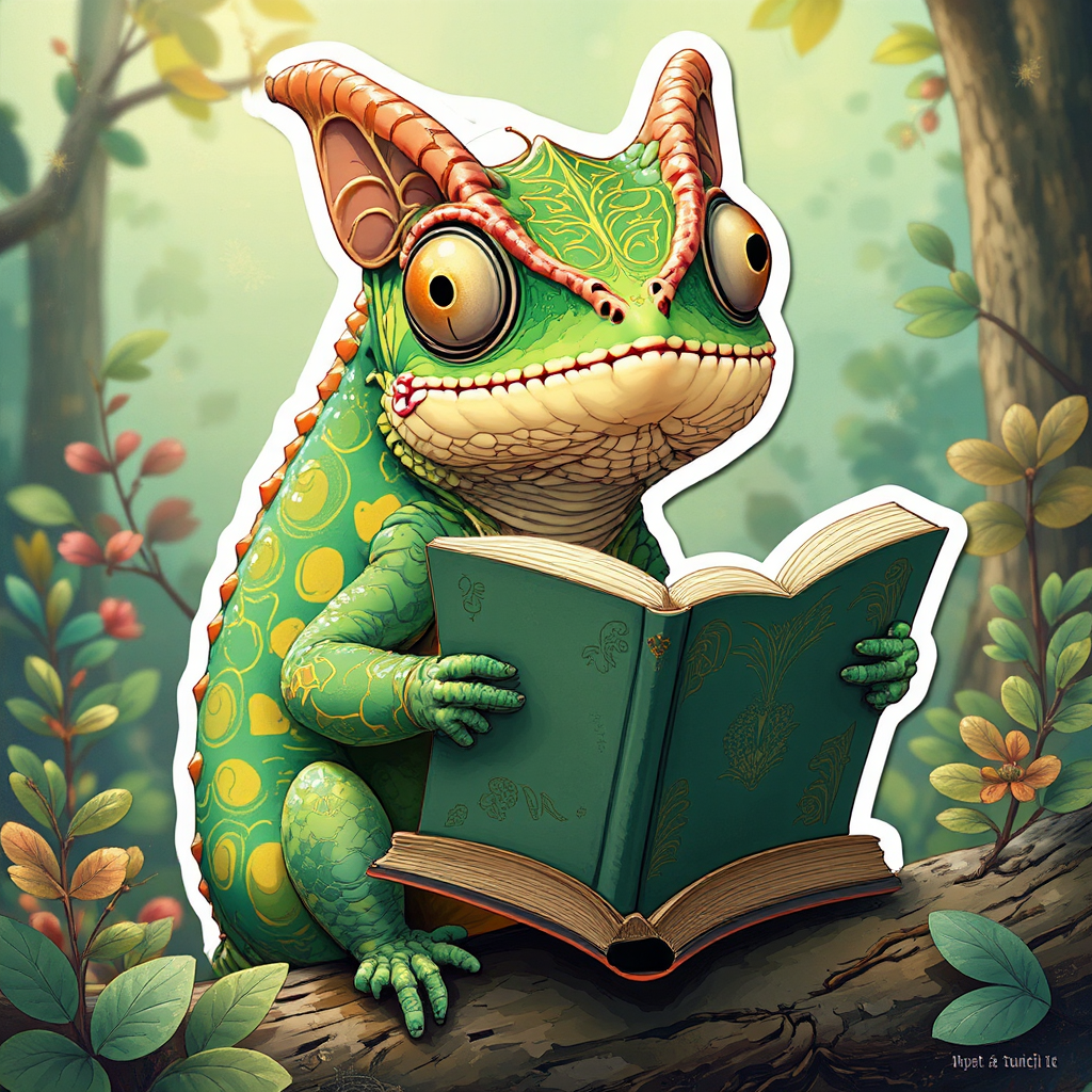 Victorian-style chameleon reads a