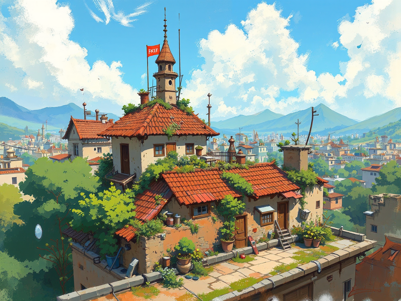 City rooftops at sunset.