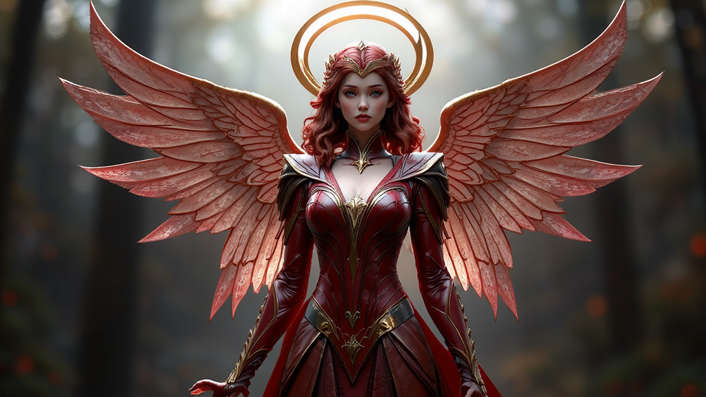 Female in angel-like, red