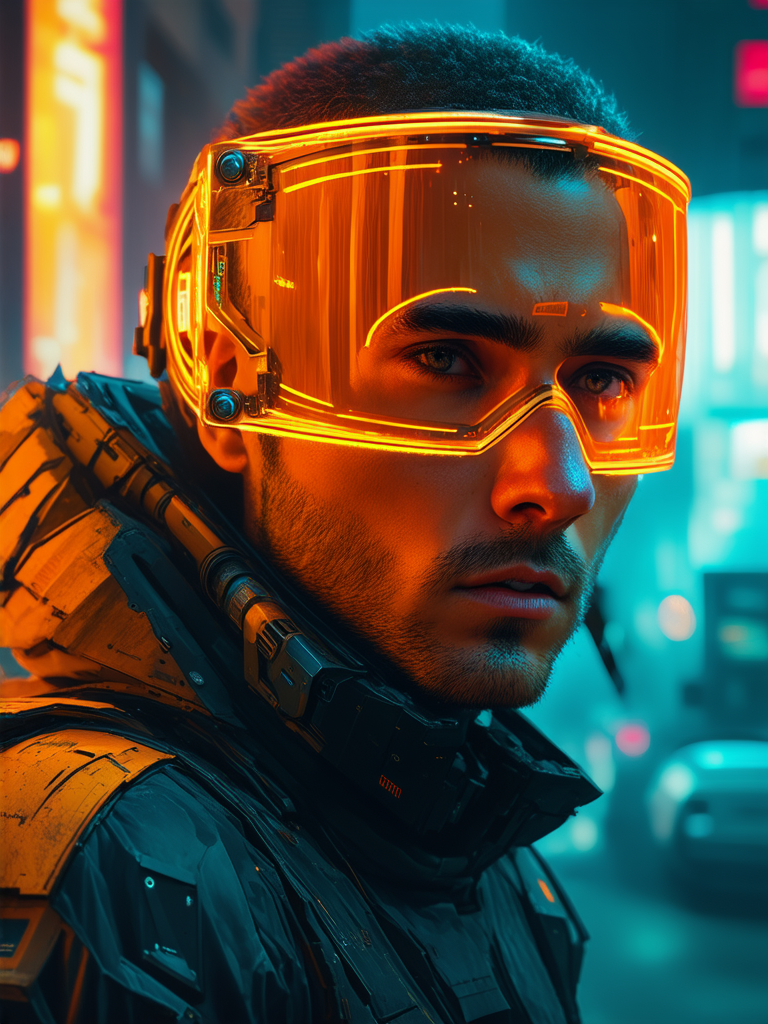 Cyborg with orange visor