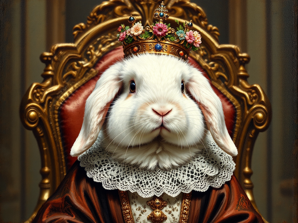 Fluffy white rabbit wears