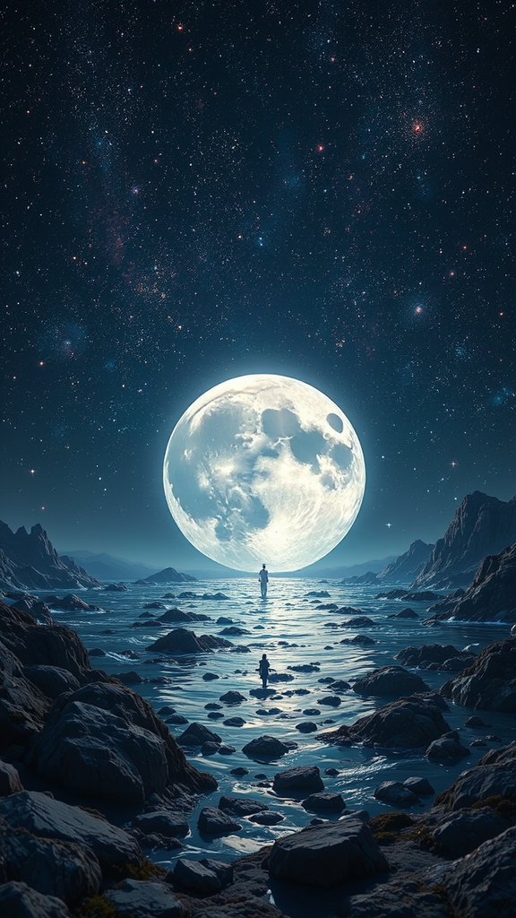 Moonlit sea with stars