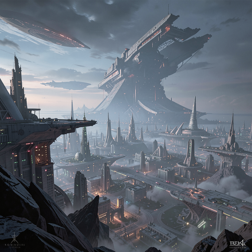 a sprawling alien city, a giant megastructure looms in the distance