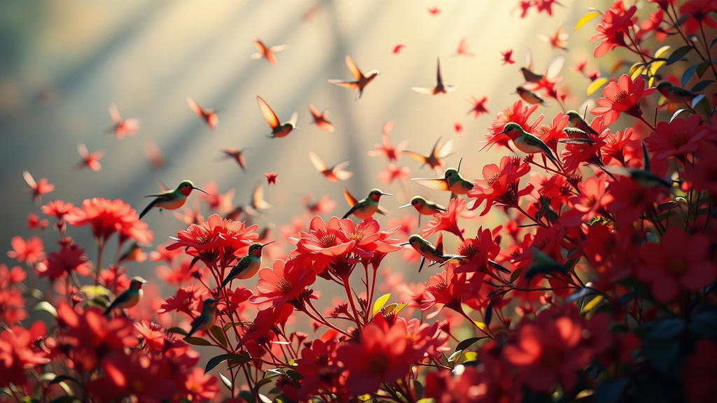 Hummingbirds swarming around red