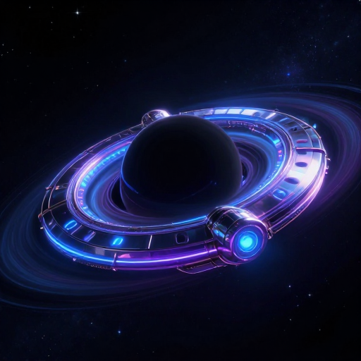 A sleek, glowing neon space station drifts serenely around a swirling black hole, its curved meta...