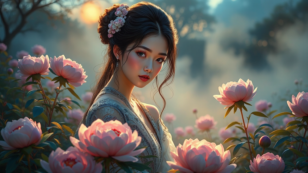 Woman cares for peonies