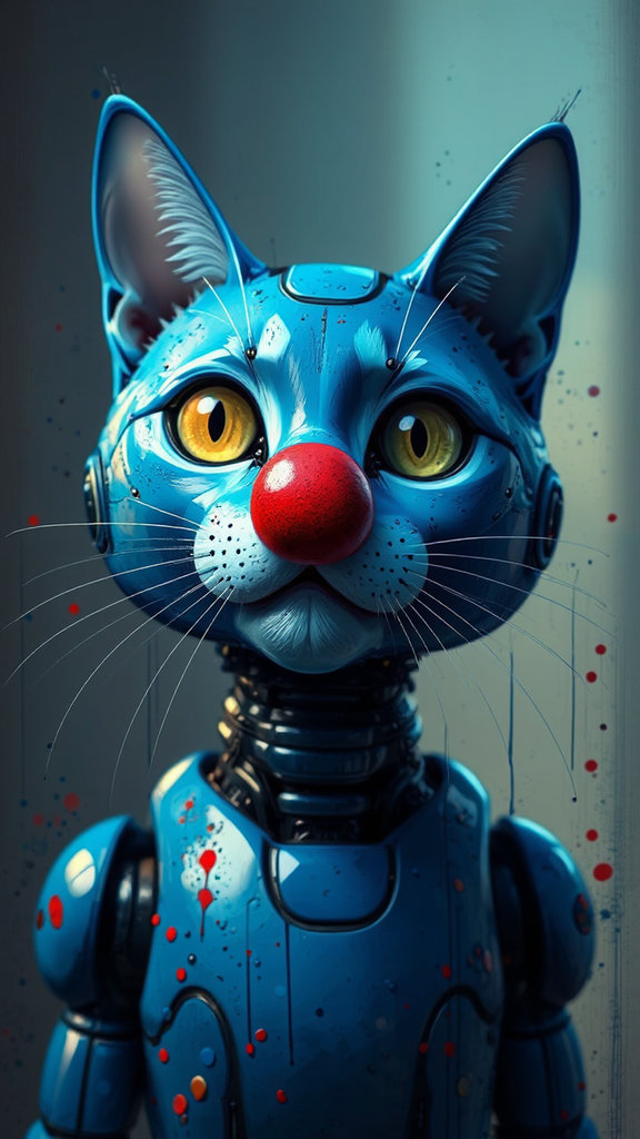 Blue robot cat portrait.