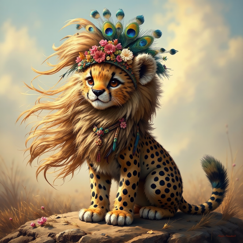 Cheetah-lion hybrid with peacock
