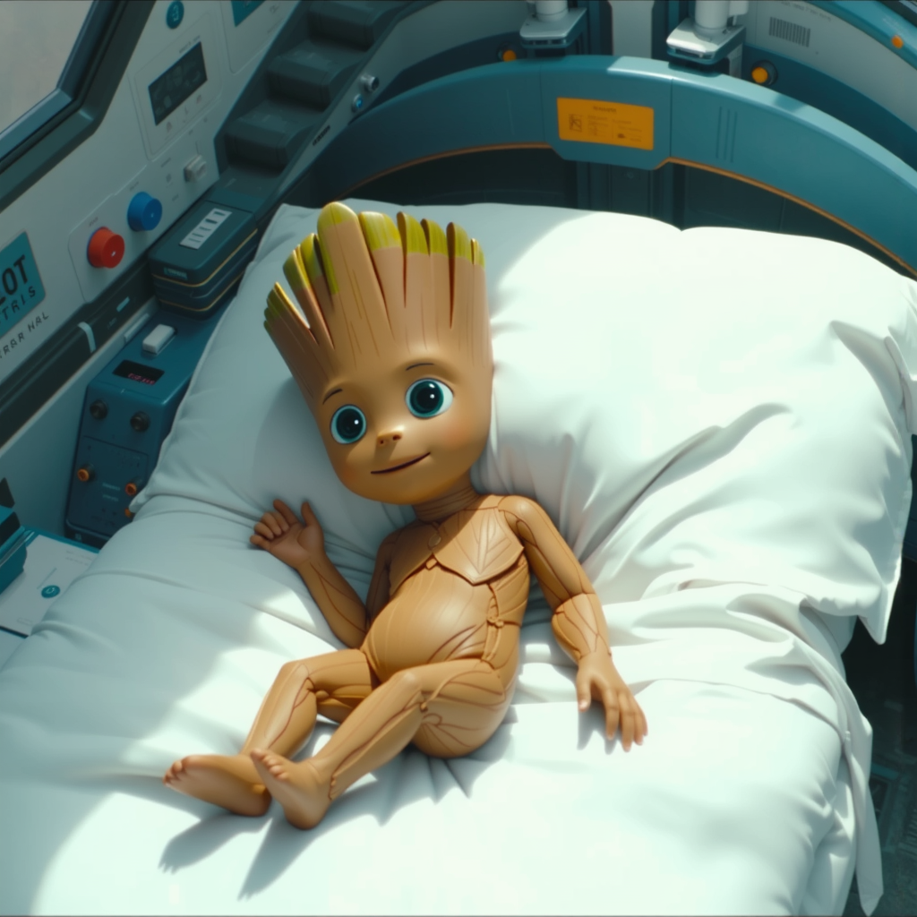 Baby Groot lying flat