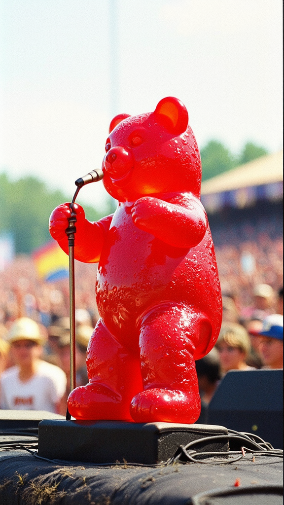 Red gummy bear performs