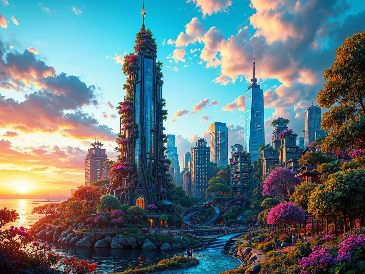 Cityscape with hyper-detailed architecture.