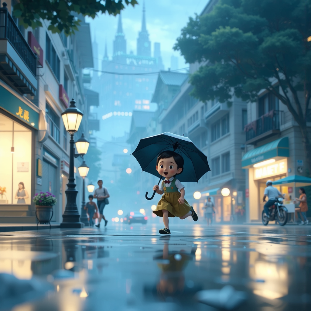Child running in rainy