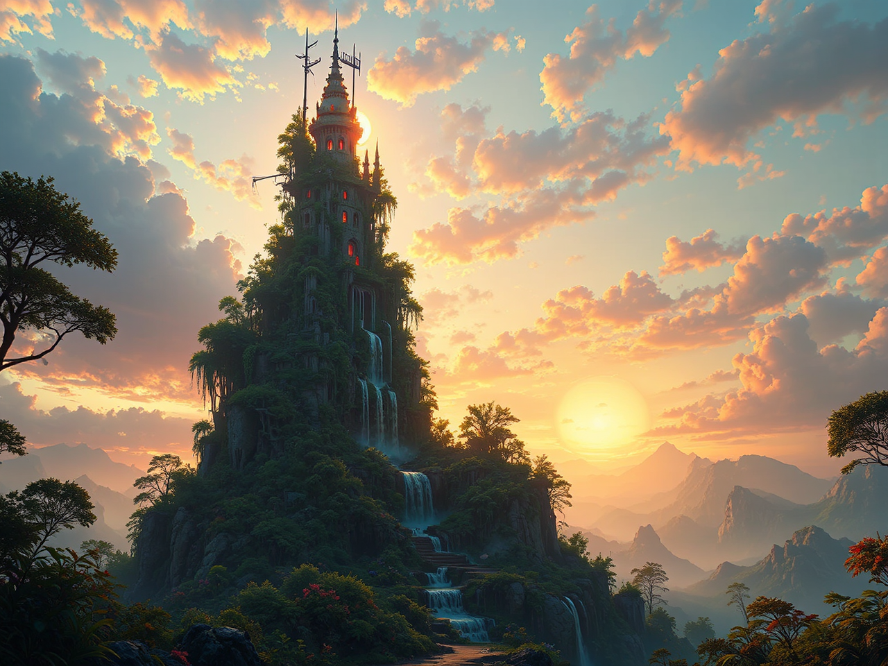 Post-apocalyptic tower with waterfalls