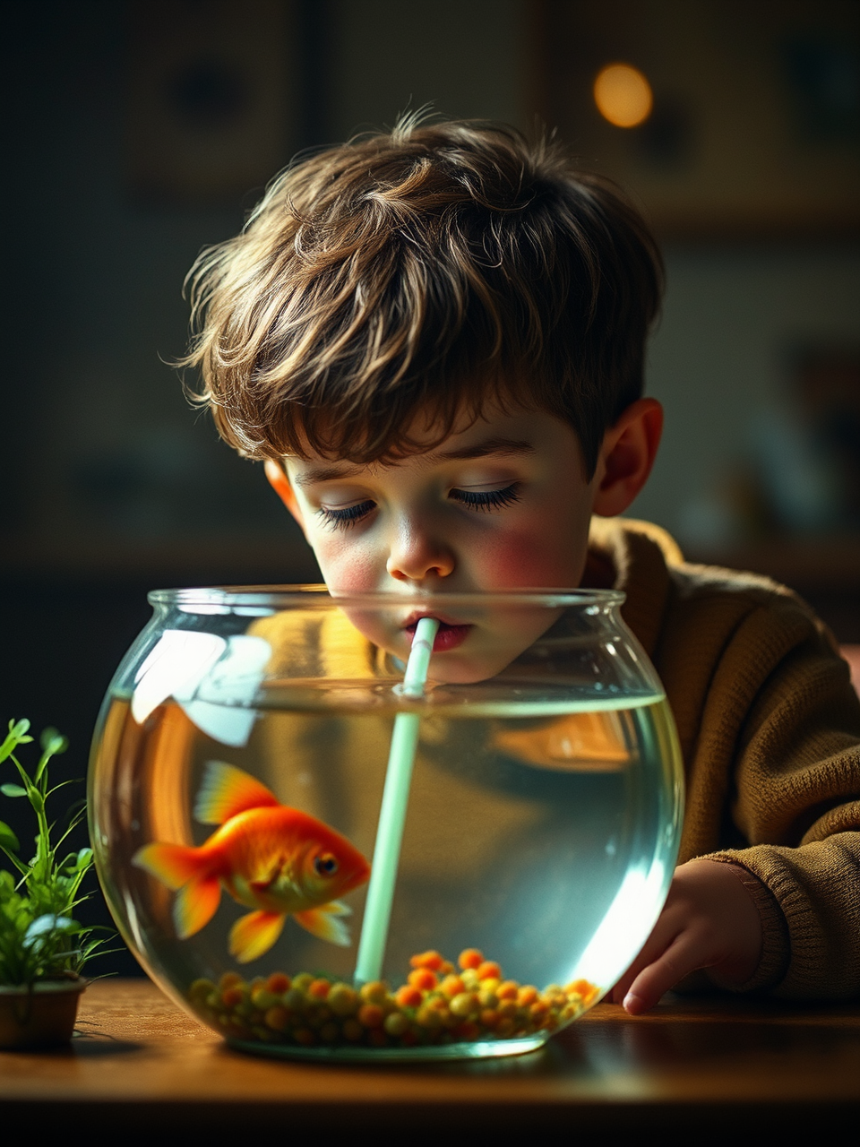 Boy drinks from goldfish