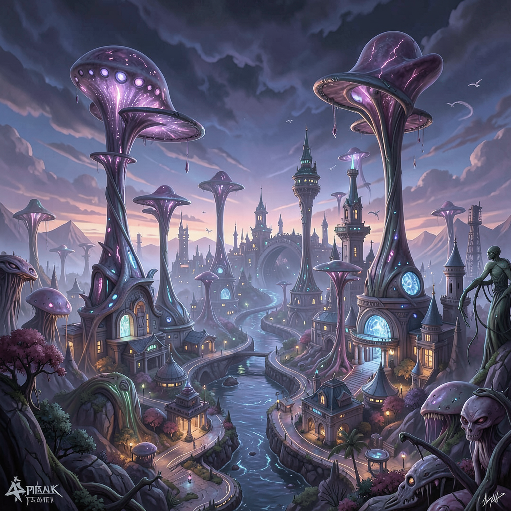 Floating crystalline spires glow with iridescent hues under bioluminescent skies. Smooth, reflect...