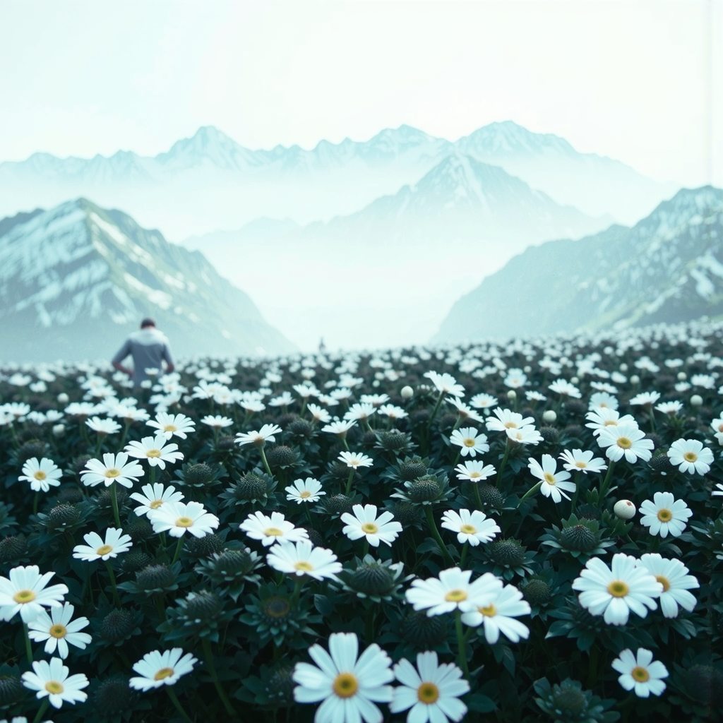 Snowy field with blooming