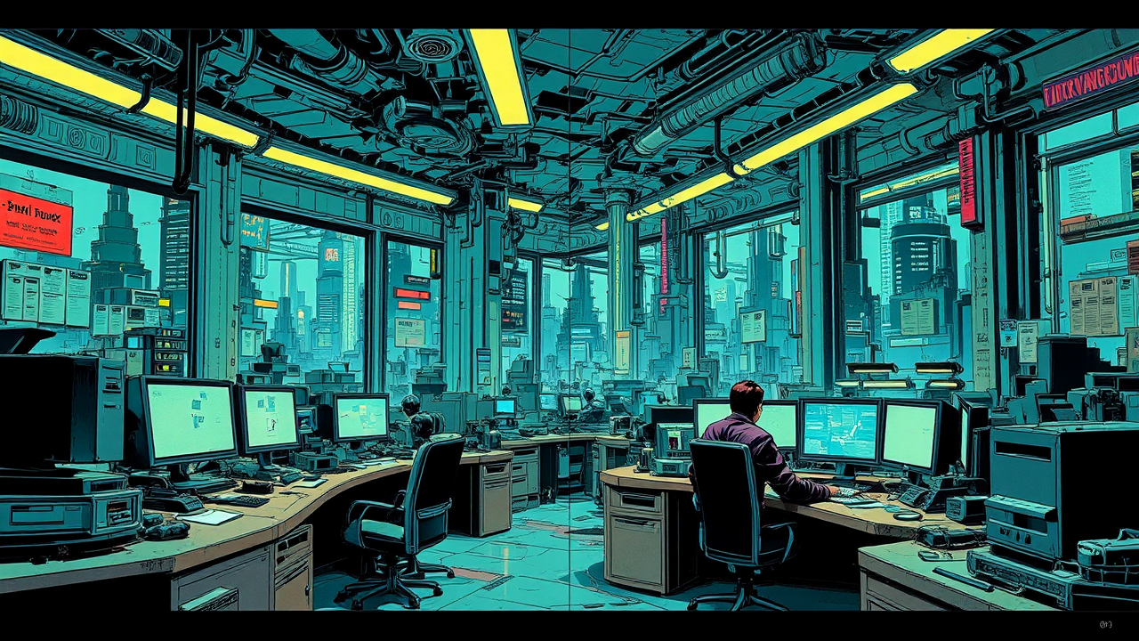Cyberpunk office scenes in