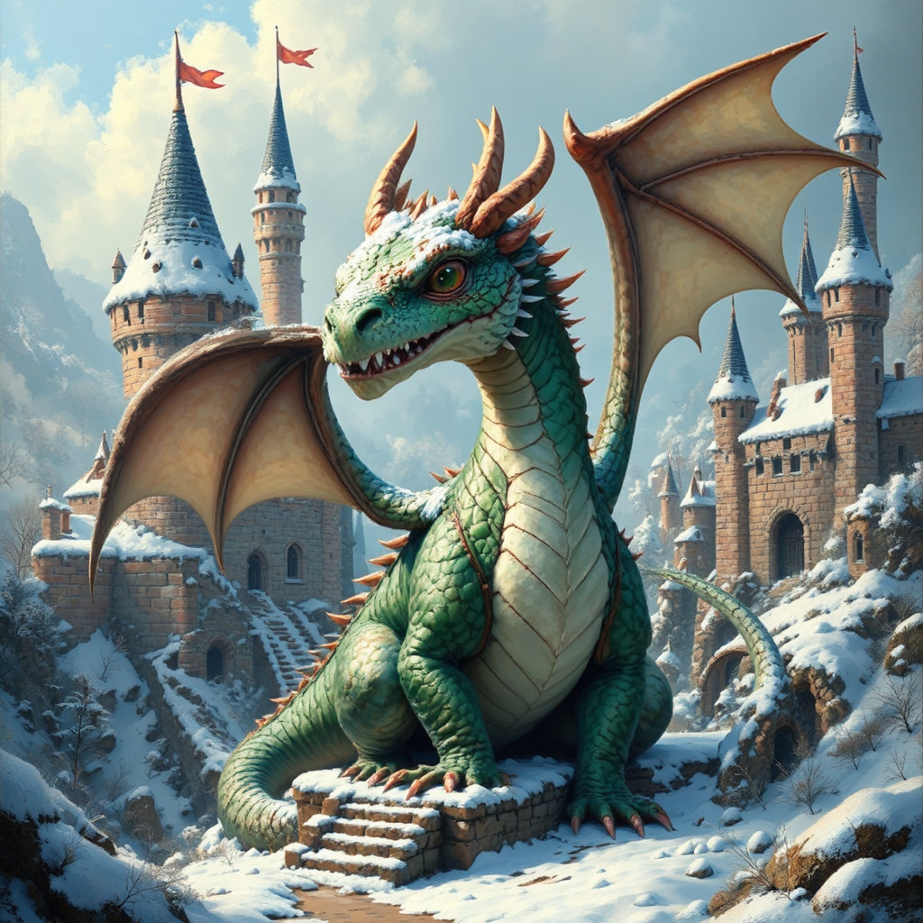 Friendly dragon near snow-covered