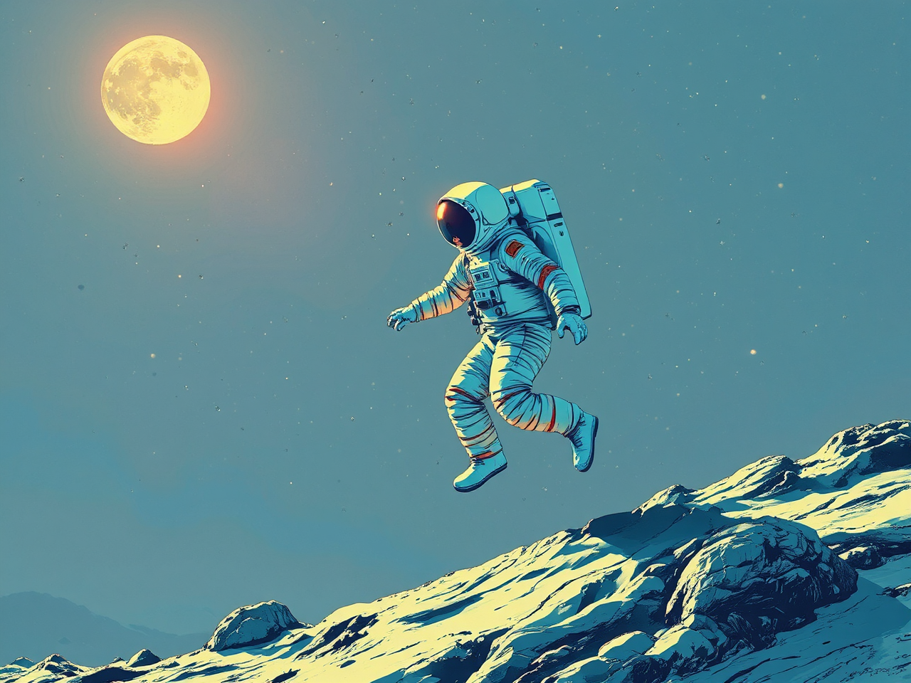 Astronaut walking backward on