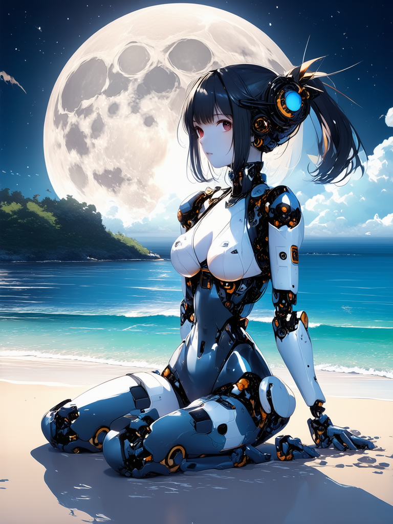 A robotic girl sits