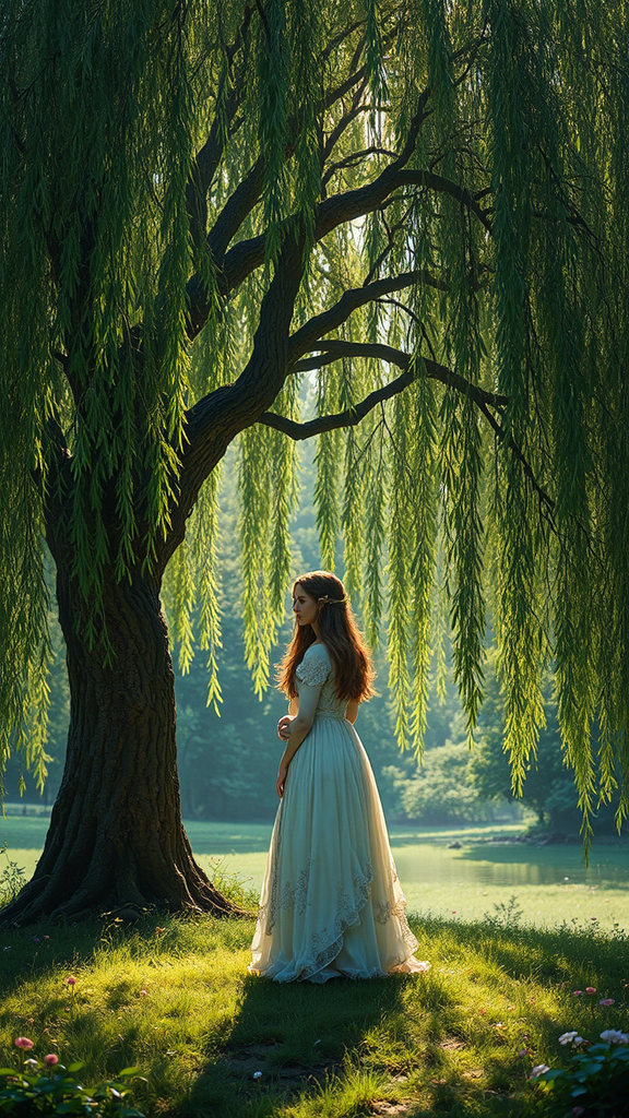 Photorealistic maiden stands under
