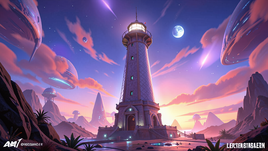 Alien World's Vibrant Lighthouse Beacon