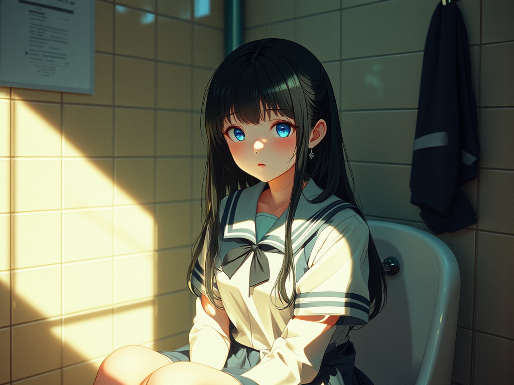 A school girl sits