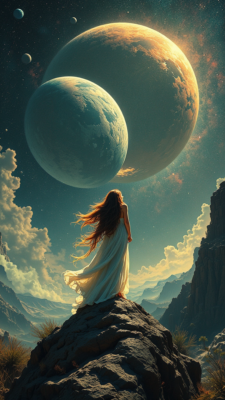 A woman watches planets