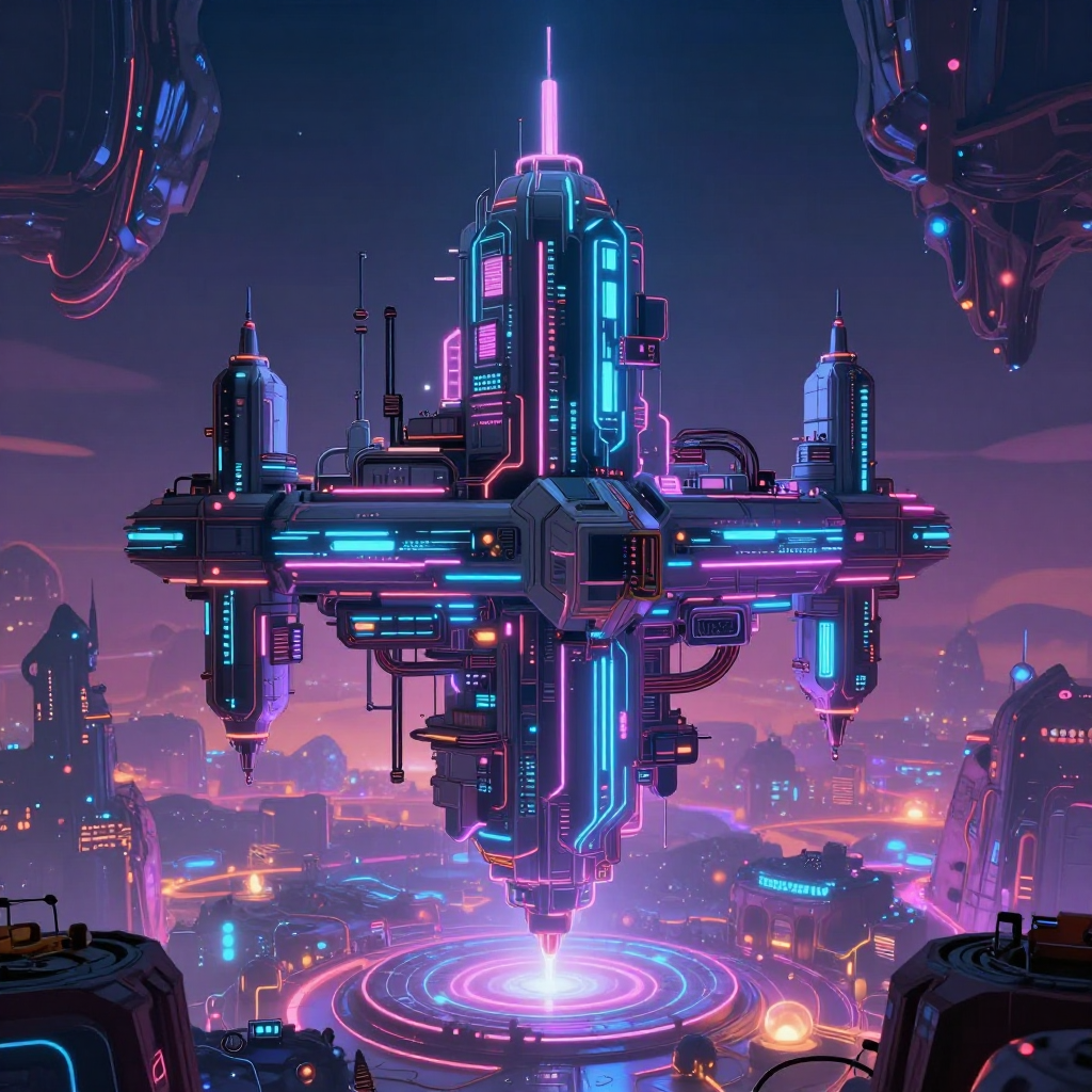 Z-Image Turbo - neon cyberpunk megastructure hovers over alien glowing landscape, hdr