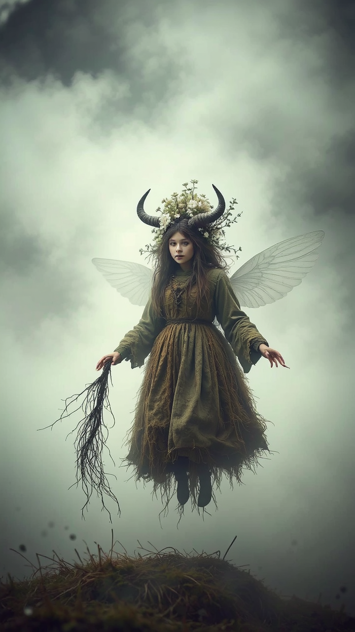 Female farmer floating above