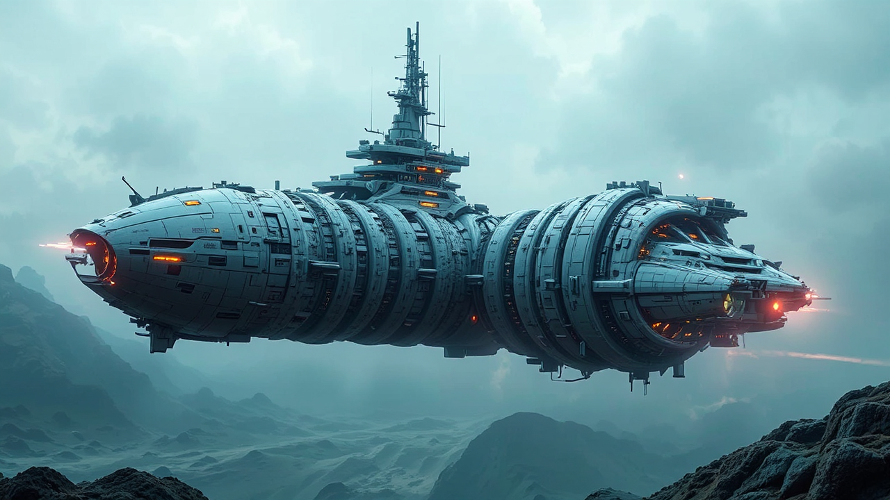 Corkscrew-shaped spaceship with docking