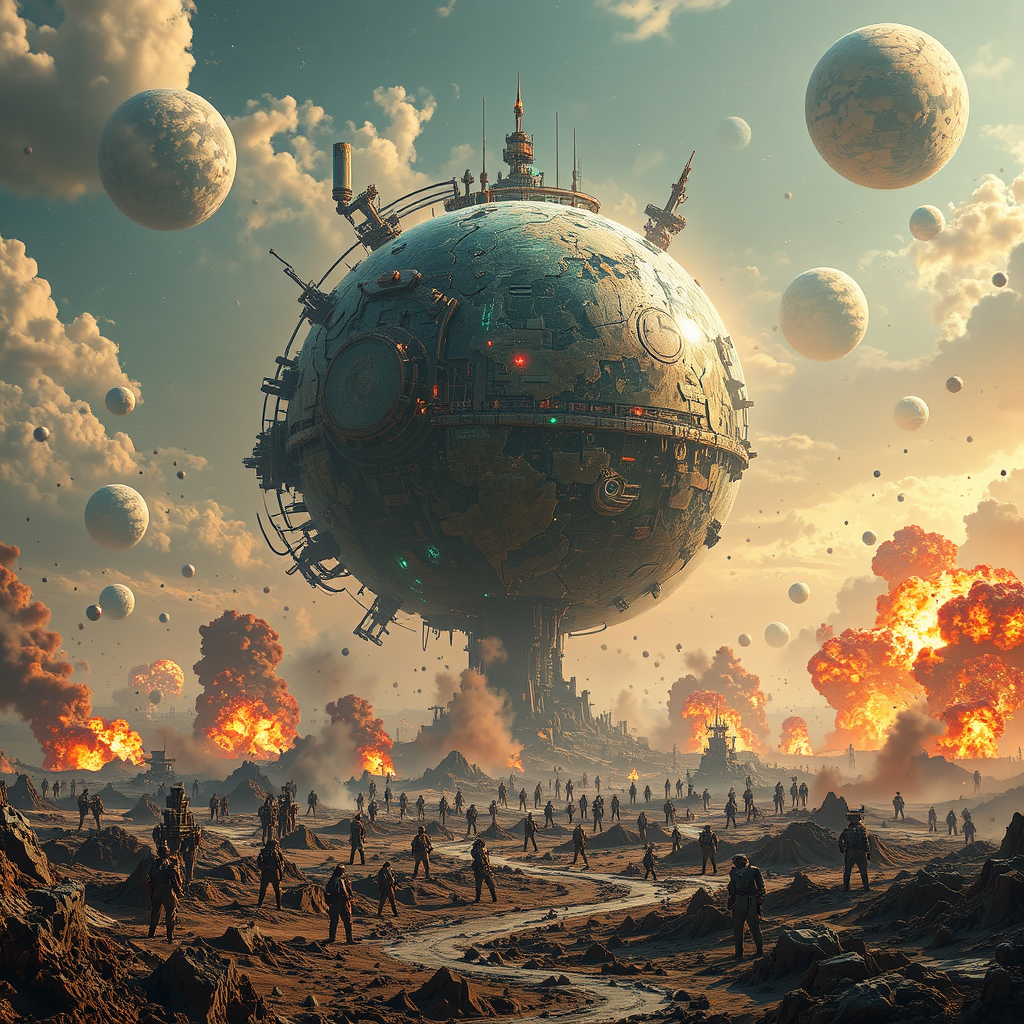 Mechanical planet amidst exploding