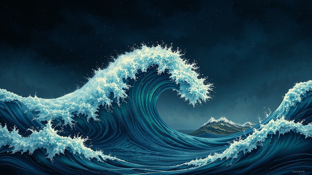 Waves crash against dark