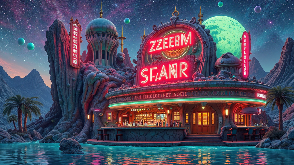 Cosmic cityscape with neon