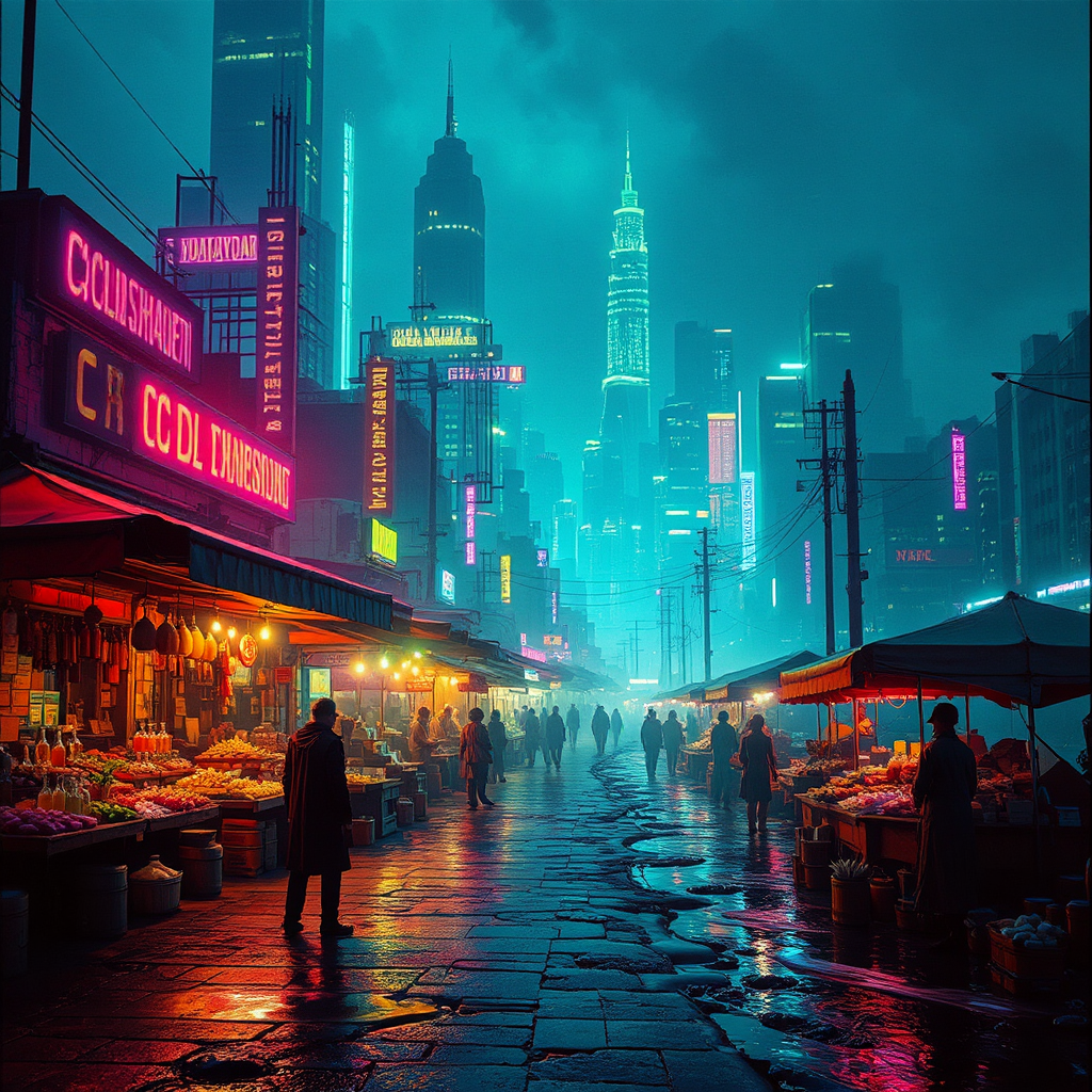 Vibrant cyberpunk market scene