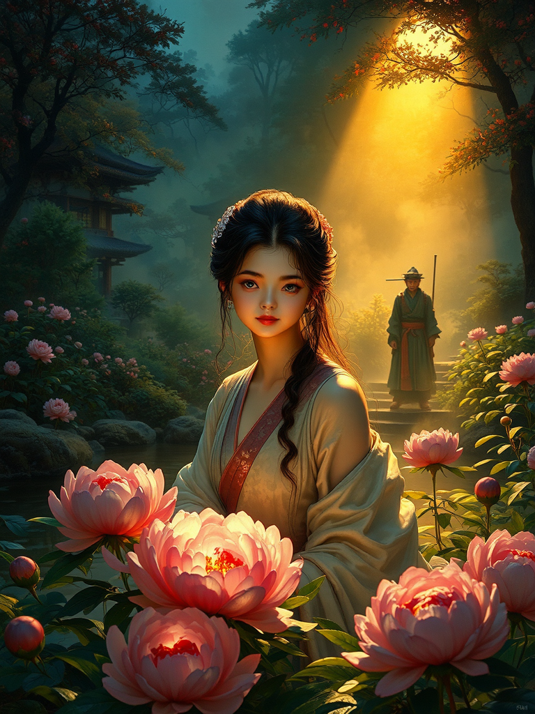 Woman cares for peonies