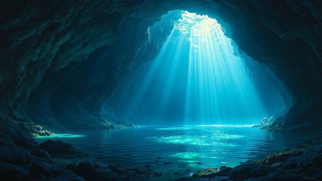 Underwater cave with sunlight