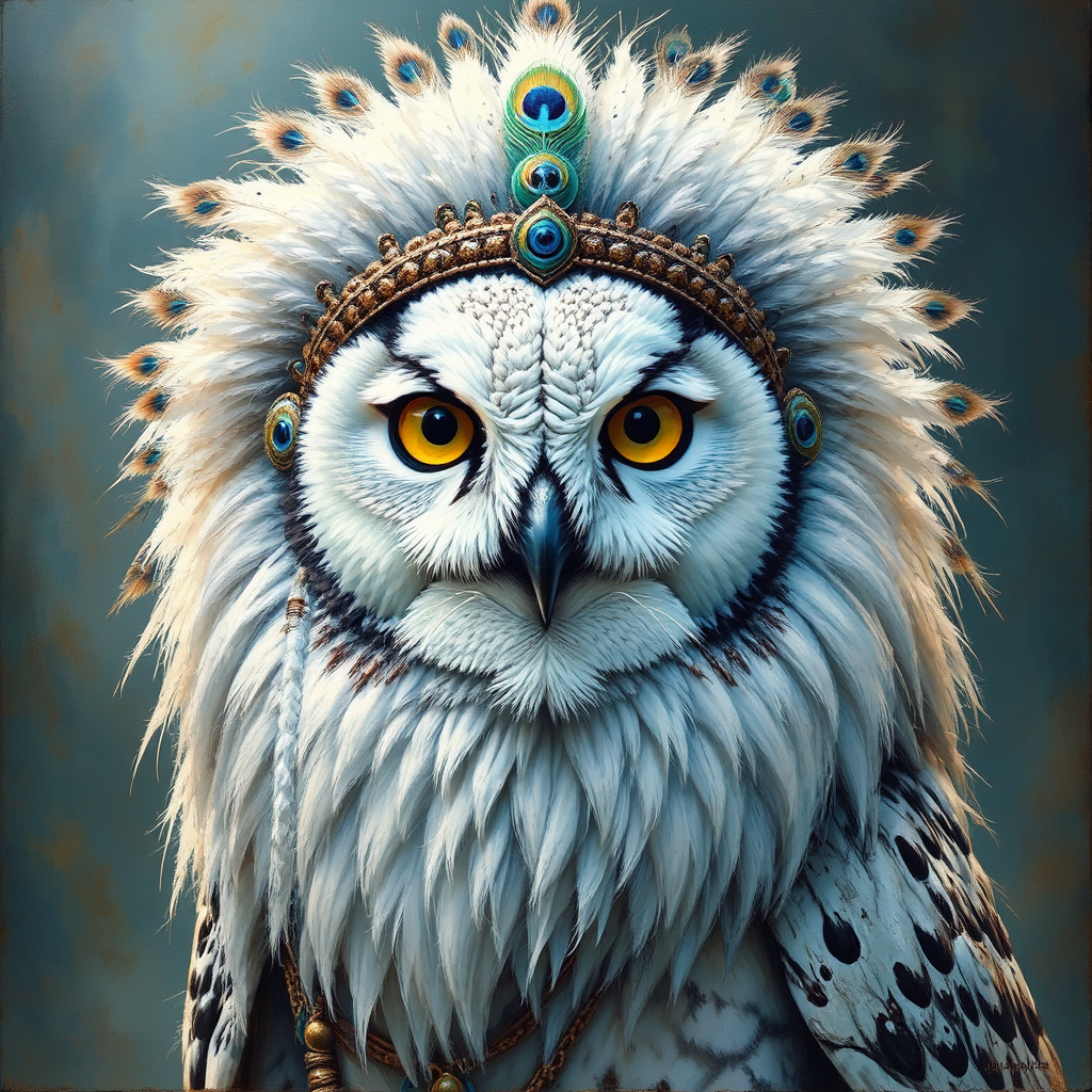 Owl-lion hybrid with peacock